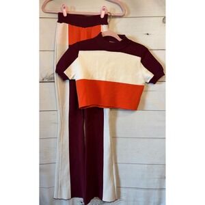 YLLW Cotton Knit Colorblock 2 Piece Crop Top Flare Pants Burgundy Orange XS S